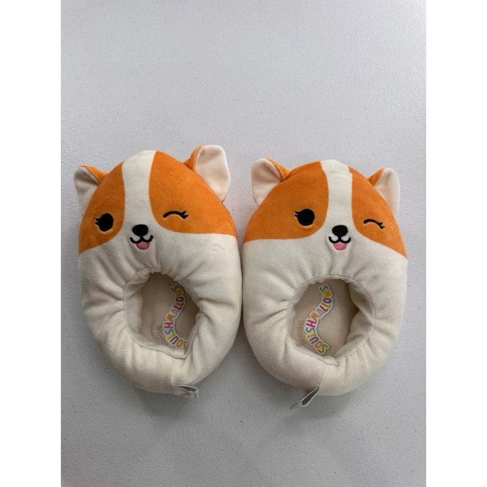 Squishmallows Corgi Slippers Size 2-3 Kids Plush Non-Slip Sole Orange White Shoe